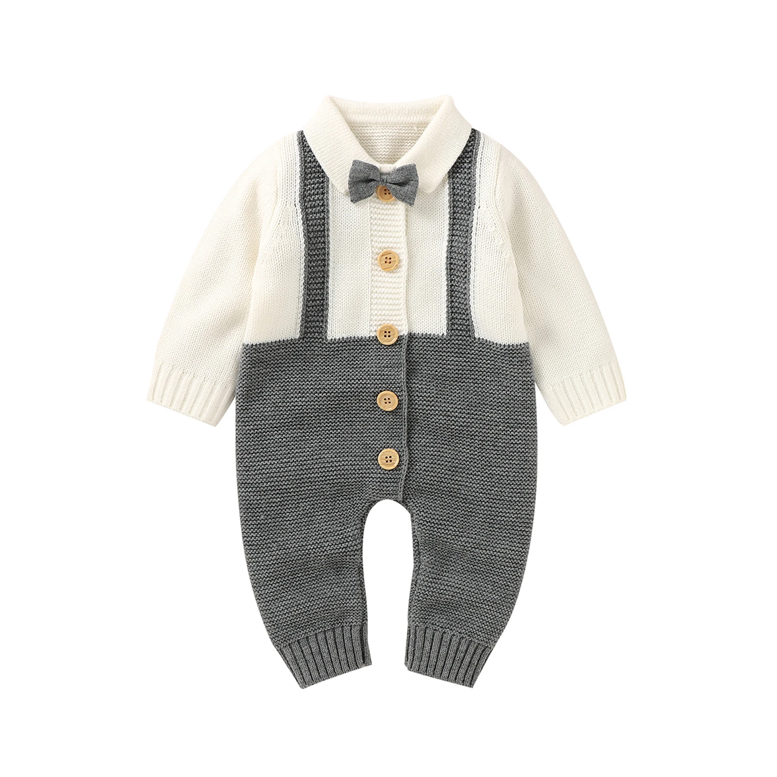 

Baby Boys Casual Knitted Romper, Grey Turn-down Collar Long Sleeve Button-down Jumpsuit