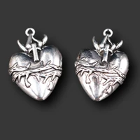 4pcs silver plated large christian vineman heart necklace pendant diy charm retro catholic jewelry crafts making 4228mm a1451
