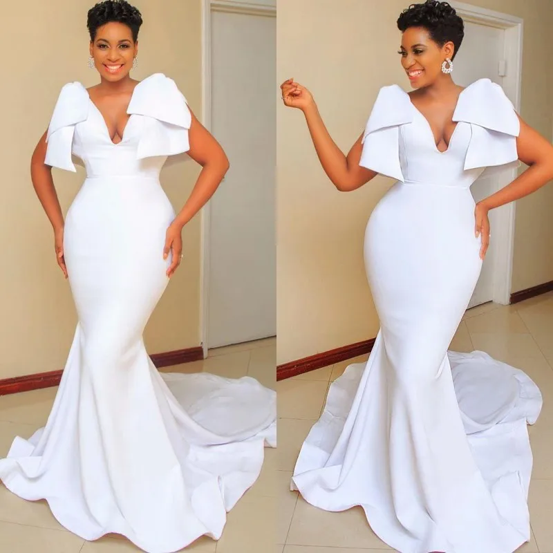 

Sexy V-Neck Mermaid Wedding Dress 2021 Plus Size Arabic Aso Ebi Cheap Bridal Party Gowns Satin Simple Vestidos De Noiva