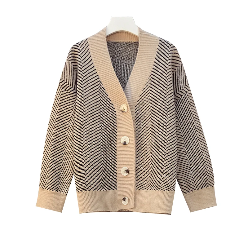 

L-4XL Snordic Women Winter Striped V Neck Sweater Coat Single Breasted Full Sleeve Loose Knitted Cardigan Jacket