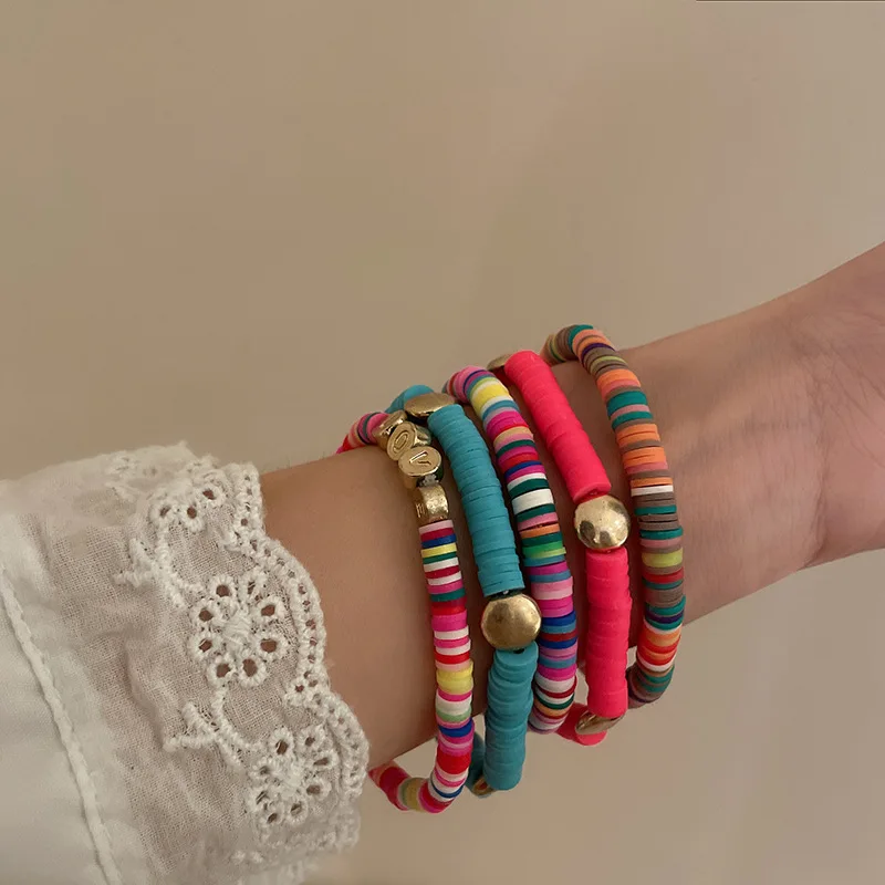 

Women Bohemian Ethnic Bracelets Colorful Silicone Plastic Love Letter Shell Beads Bracelet Fashion Friends Couple Bangle Jewelry
