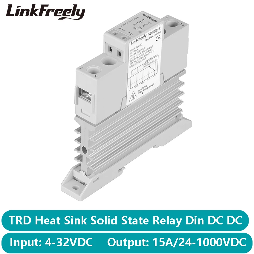 

TRD1000D15L Heat Sink Solid State Relay Din Rail SSR DC DC 15A 24-1000VDC Output 5V 12V 24V 32VDC Input LED Signal Relay Switch