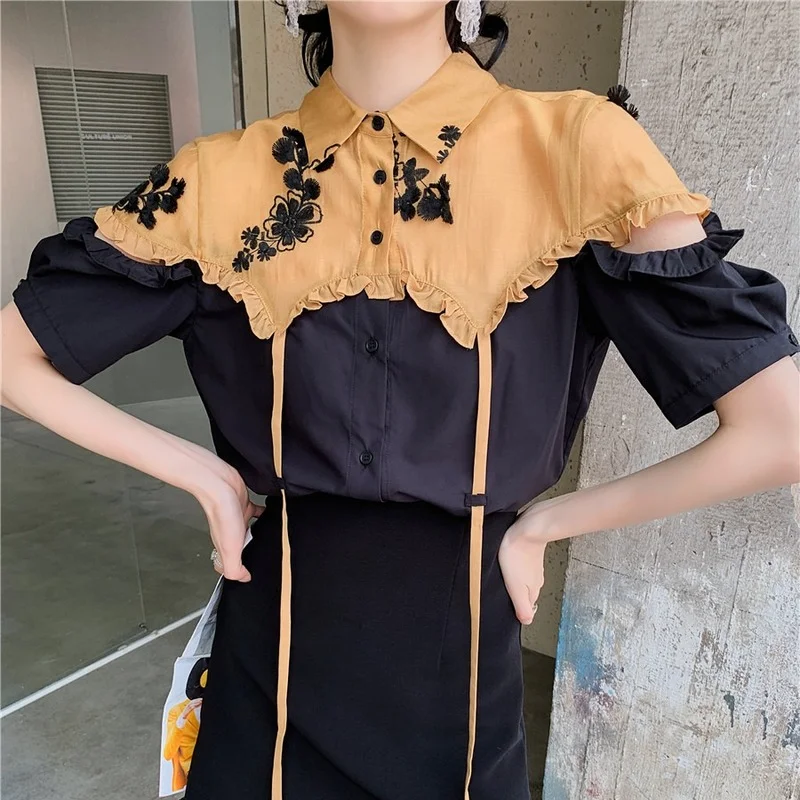 

Korejepo Women Blouse 2021 Summer New Retro Three-dimensional Embroidery Stitching Turn-down Collar Shirt Female Loose Ins Tops
