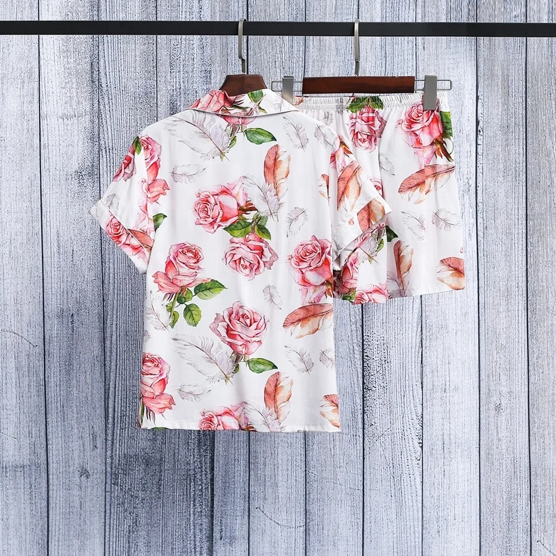 Cotton Pajamas Set Women Floral Pyjamas Sets Womens Ladies Pijamas Set Silky Summer Lounge Wear Pajamas Short Sleeve Pj Set