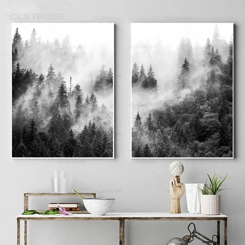 

Nature Prints Forest Wall Art Black and White Tree Posters Foggy Forest Landscape Canvas Painting Wall Picture Living Room Decor