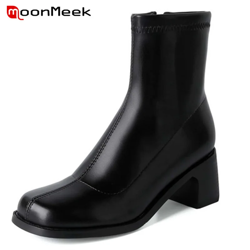 

MoonMeek 2022 Newest High Heels Stretch Boots Women Shoes Round Toe Zipper Slim Fashion Autumn Ankle Boots For Women Black