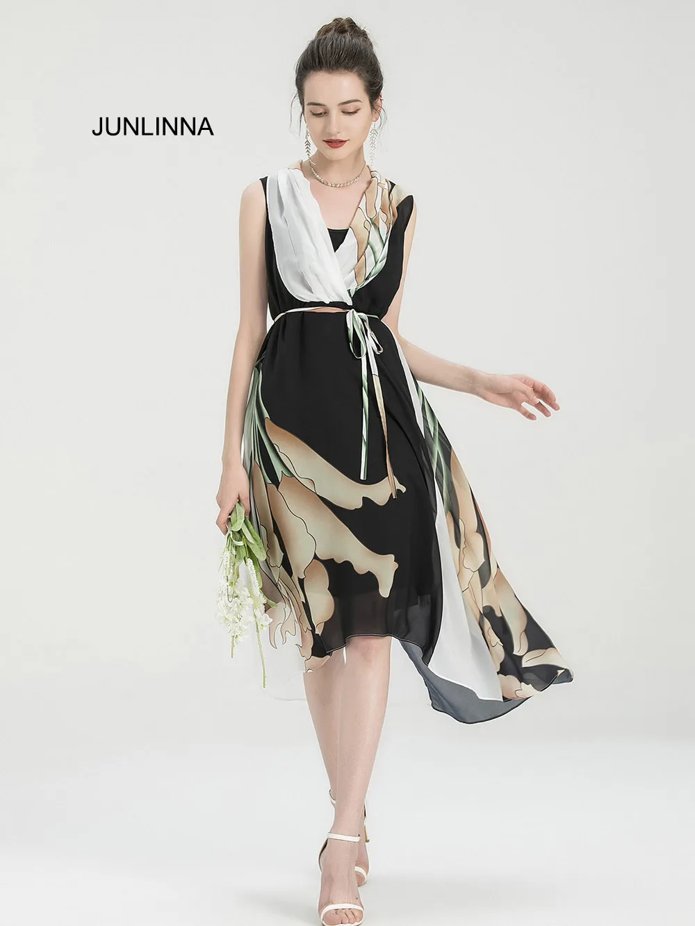 

Шелковая кисть для растушевки Платье с принтом 2021 новые летние женские асимметричные платья с v-образным вырезом без рукавов цельные бесшов...