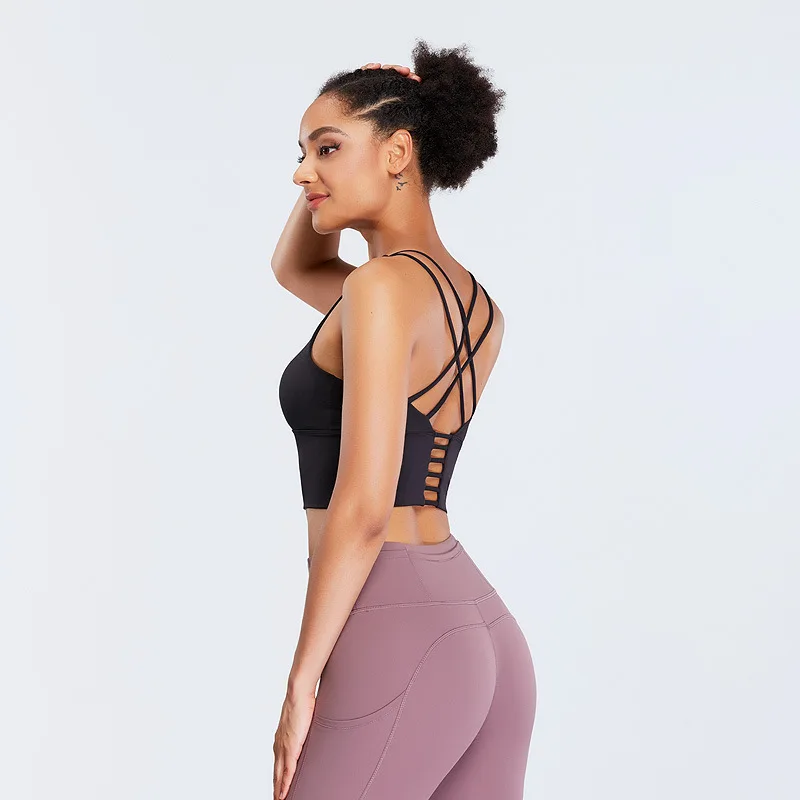 

IMLARIO Cross Strappy Yoga Crop Tank Top Padded Sports Bra Wirefree Women Longline Gym Cami PINK Workout Activewear High Support