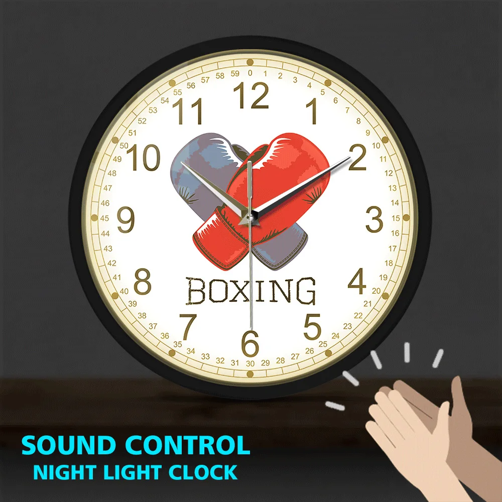 

Boxing Gloves Metal Frame LED Wall Clocks Sound Activated Home Decorative Hanging Watch Fighting Sports Wall Art Gift For Boxers