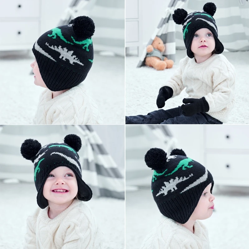 

T5EC New Creative Dinosaur Printed Acrylic Yarn Children's Wool Hat Cute Warm Glove Set Winter Toddler Boys Baby Girls