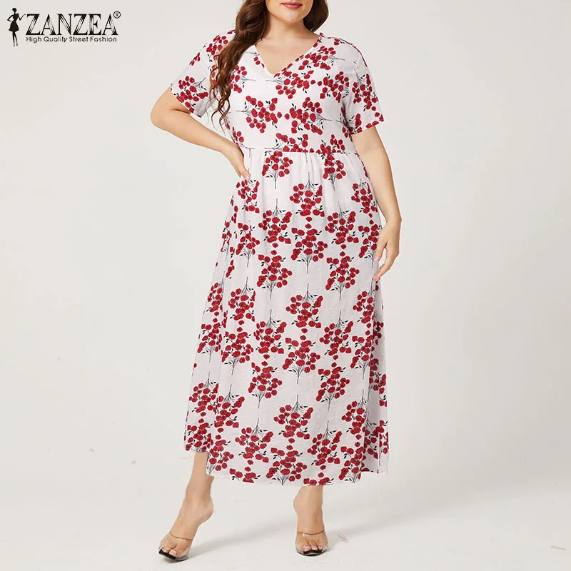 

Plus Size Bohemian Summer Floral Maxi Dress ZANZEA Women Dress Print Sundress Vintage V Neck Short Sleeve Kaftan Vestidos L-5XL
