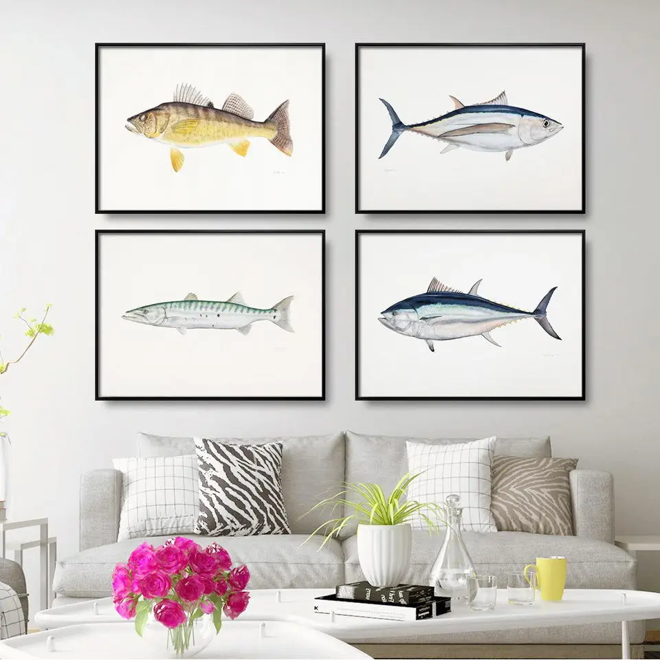 Decorative Painting Retro Fish Restaurant Hotel Paintings Animal Print Wall Pictures for Living Room Flatfish Art Canvas |