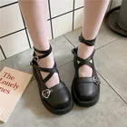 Туфли женские, на платформе, с круглым носком, на толстом каблуке, с перекрестными шнурками, обувь Kawaii