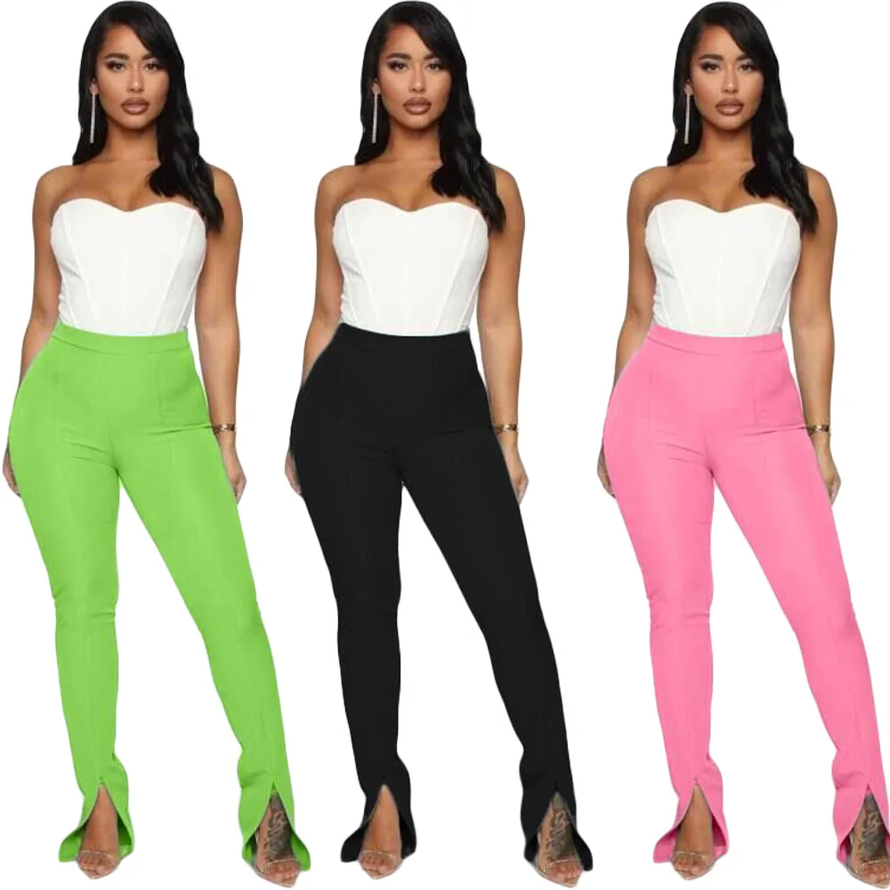 Модные брюки с разрезом длинные высокой талией облегающие зеленые и черные