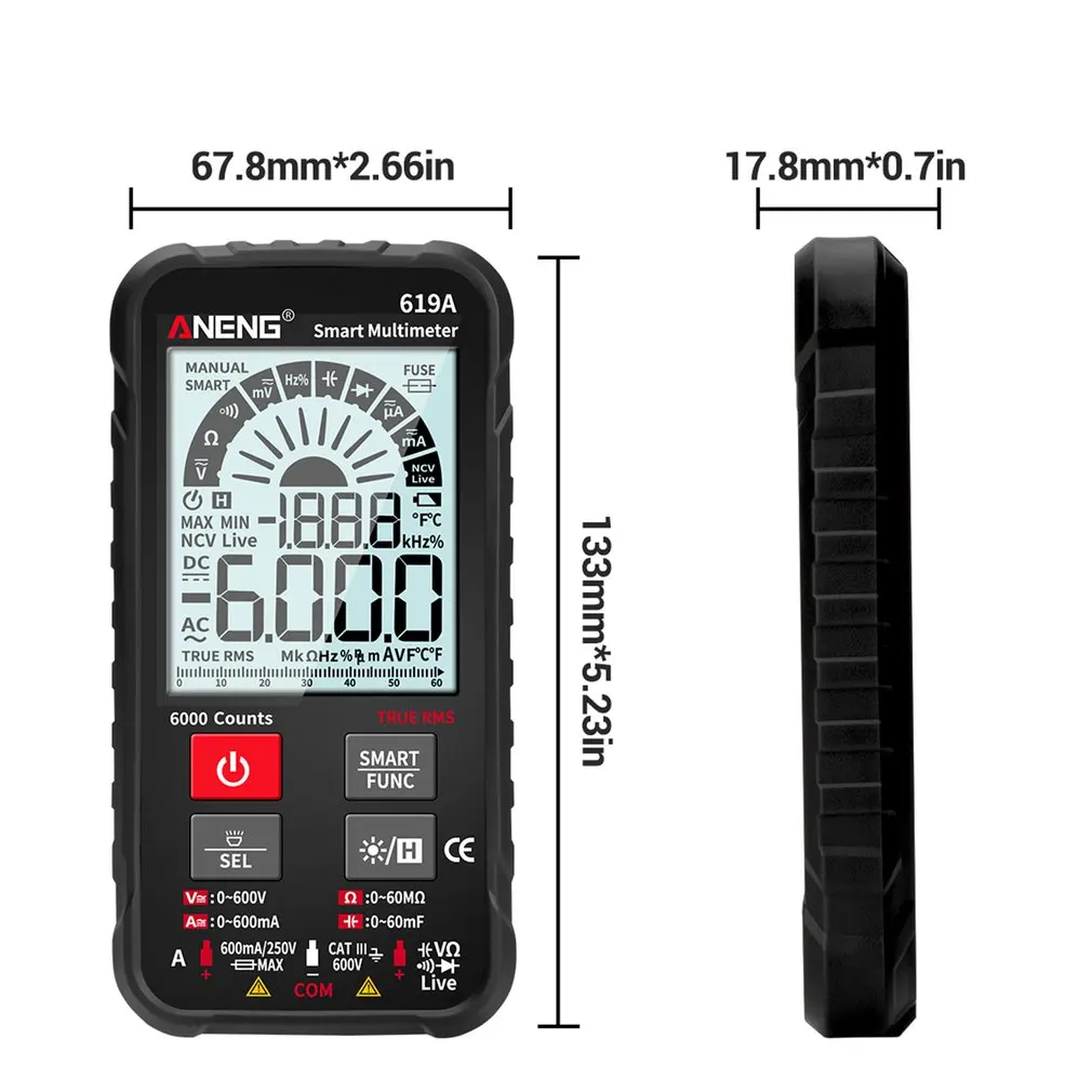 

ANENG 619A Digital Multimeter AC Currents Voltage Testers True RMS 6000 Counts Professional Analog Bar Multimetro NCV Meter