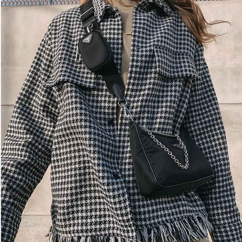 

2023 New Jacket Houndstooth Overshirt Lady Loose Outfits Tops Women Fringe Detail Rough Edge Chic Fashion Casual Coats Female