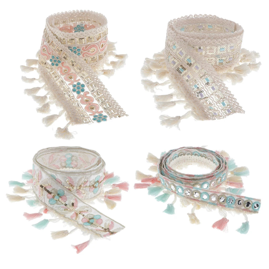

1 Yards Lace Fabric Trim National Style Jacquard Ribbon with Ball Fringe Tassels Edging for Pillow Curtain Embellishments