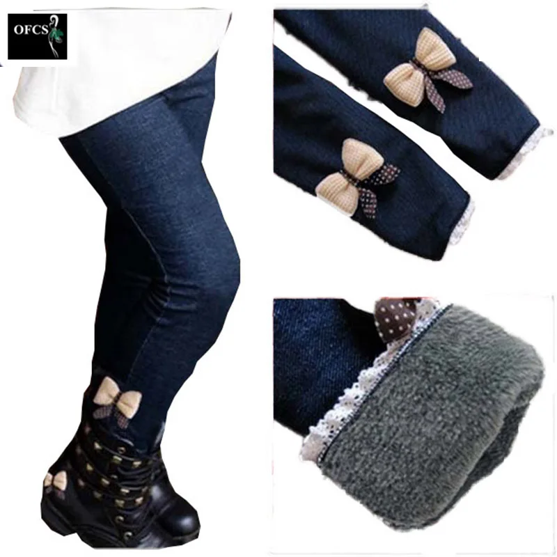 

New Brand Pants Winter Fur Girls Bow Jeans Cotton Children Cashmere Pants Kids Warm Elastic Waist Legging Wholesale And Retail