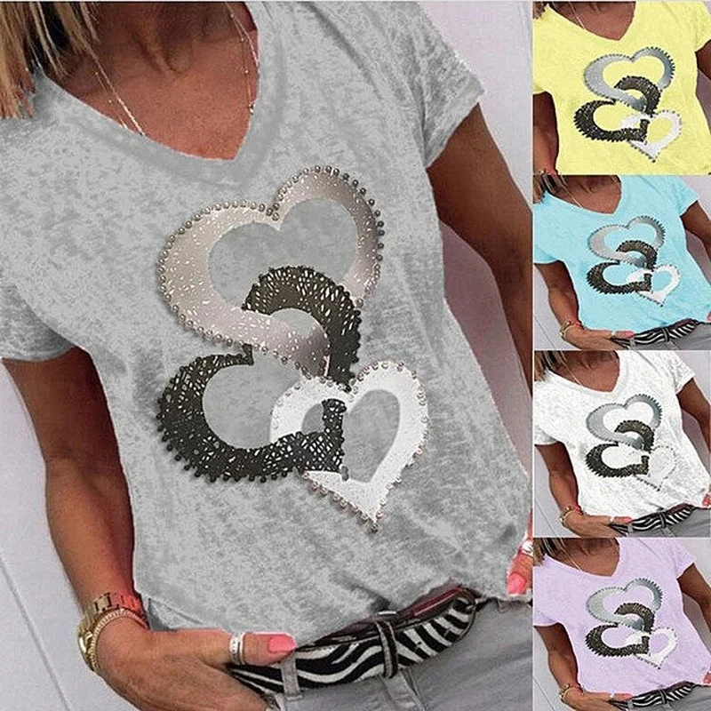 

2021 T-shirt for Women Heart Printed Graphic T Shirts Round Neck Short Sleeve Tshirt Fashionable Women's Clothing
