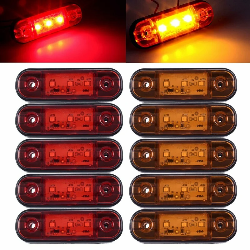 

10X Red Amber 3 LED 3.4inch Side Marker Light Lamp Truck Trailer Tail Light Signal Indicator Camper RV Waterproof