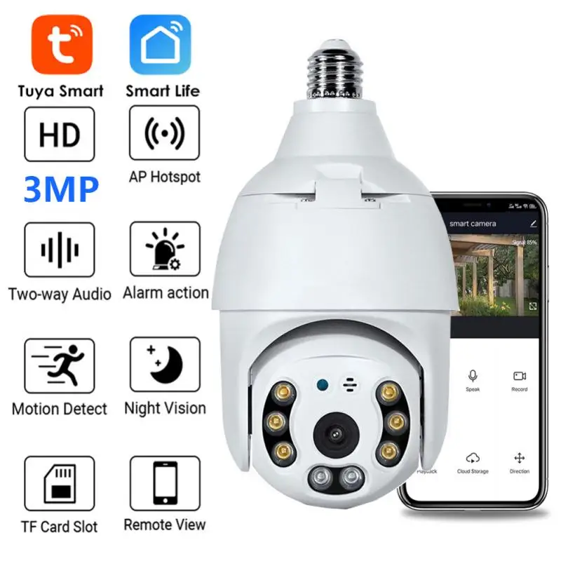 

E27 3MP Tuya Smart Auto Tracking Wifi Camera 1080P IP Security Home PTZ Speed Dome CCTV IR Night Vision Outdoor Wifi Camera