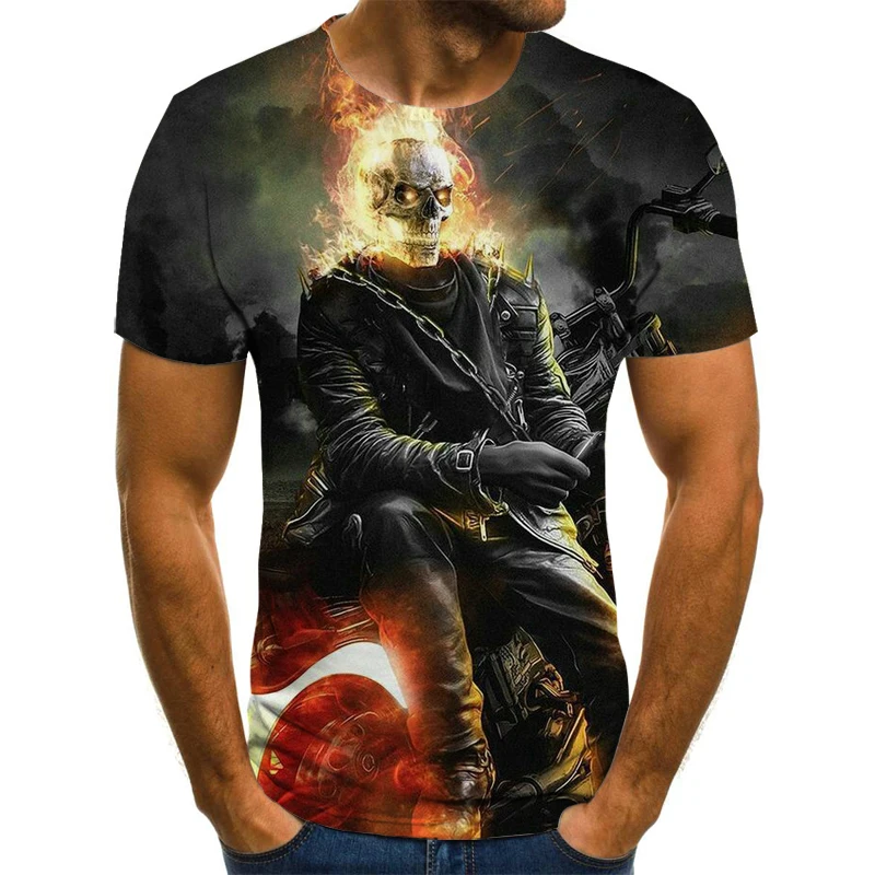 

Skull T-Shirt Men Ghost Rider Modern Short Sleeve T-Shirt 3D Skull Print Top Rock Fire Skull T-Shirt Men Motorcycle T-Shirt