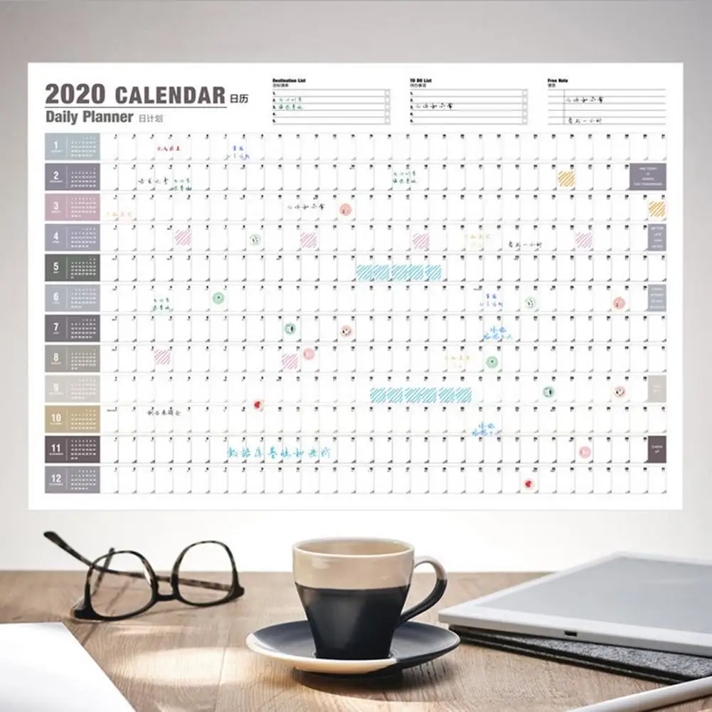 2020 Wall Calendar 365 Days Daily Monthly Yearly Schedule 57x76CM Reversible Planner with Paper Tape 4 PVC Label Stickers | Канцтовары