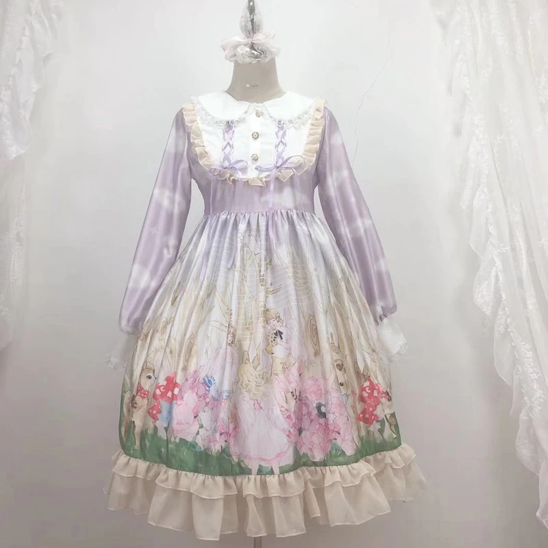 

Japanese Soft Girl Lolita Clothes Sweet Kawaii Dress Cute Loli Forest Angel Printed Lace Long Sleeve Victorian Dress Goth BL4347