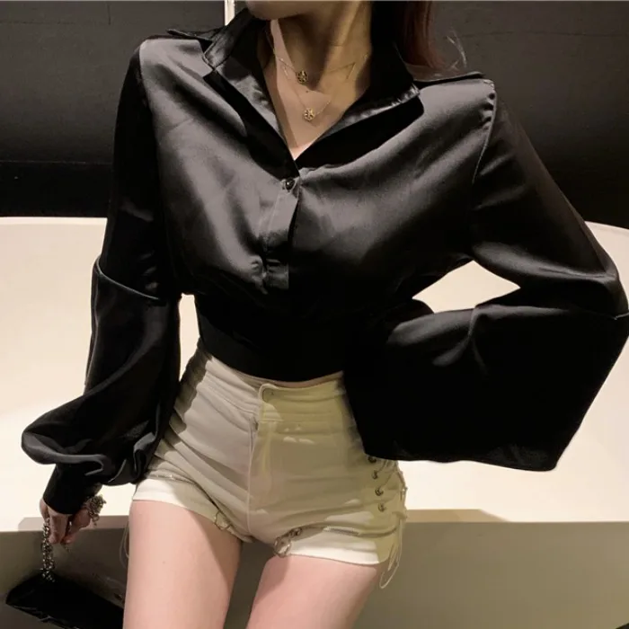 

crop tops spring fall sexy Korean style Women's Clothing fashion brand Blouses female turn-down collar long sleeve short shirts