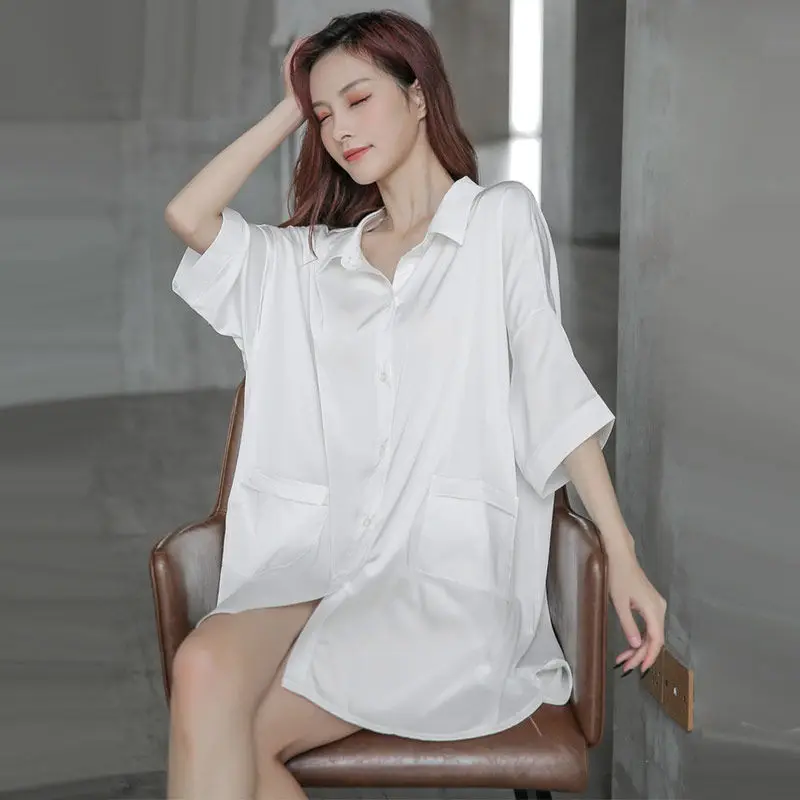 

Nightdress girl spring and summer beautiful back hollow out pajamas shirt collar middle sleeve sexy ice pajamas casual home wear
