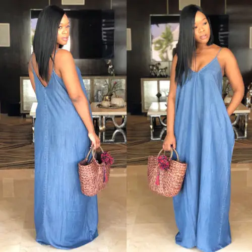 Женское джинсовое пляжное платье без рукавов с V образным вырезом и открытой