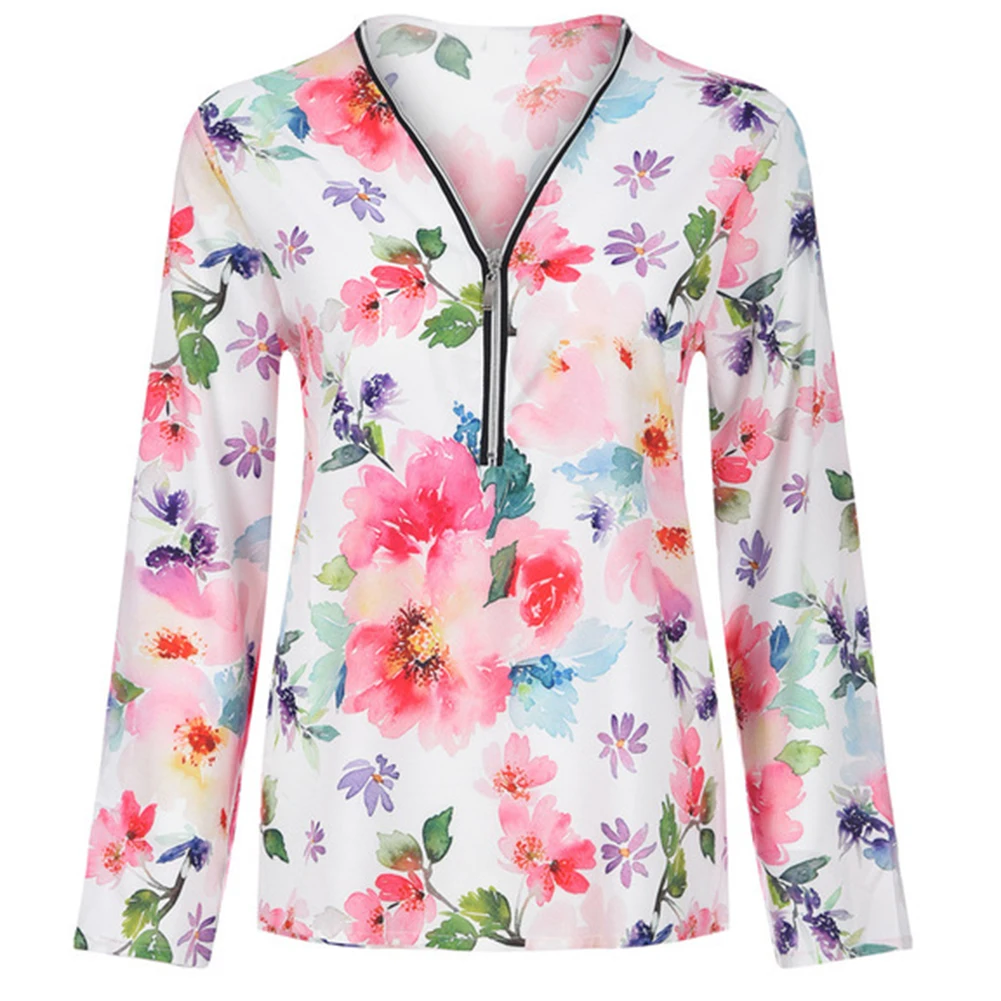 Модный женский Повседневный пуловер на молнии с цветочным принтом v-образным