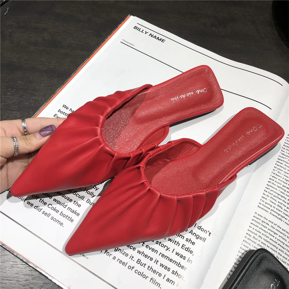 MOLAN Brand Designers 2020 Spring New Fashion Shallow Pleated Leather Point Shoes Flat Slippers Slip On Loafers Mules Flip Flops | Обувь