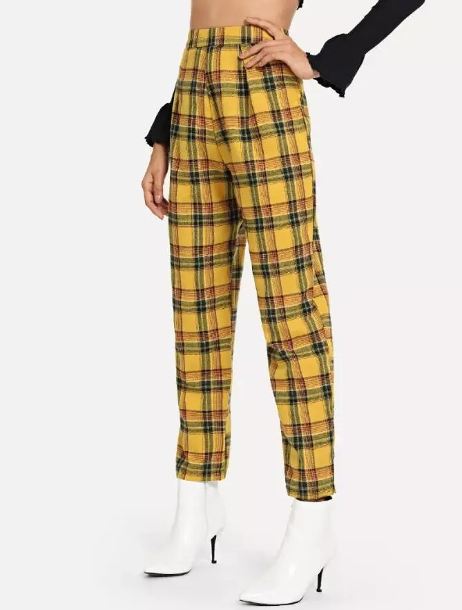 Осенние новые женские брюки свободные с высокой талией ретро клетчатые