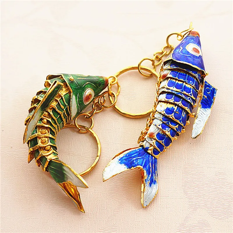 

Handicraft Vivid Swing Colorful Koi Fish Key Chain Cute Chinese Luck Enamel Keyring Cloisonne Charms Keychains Gifts with Box