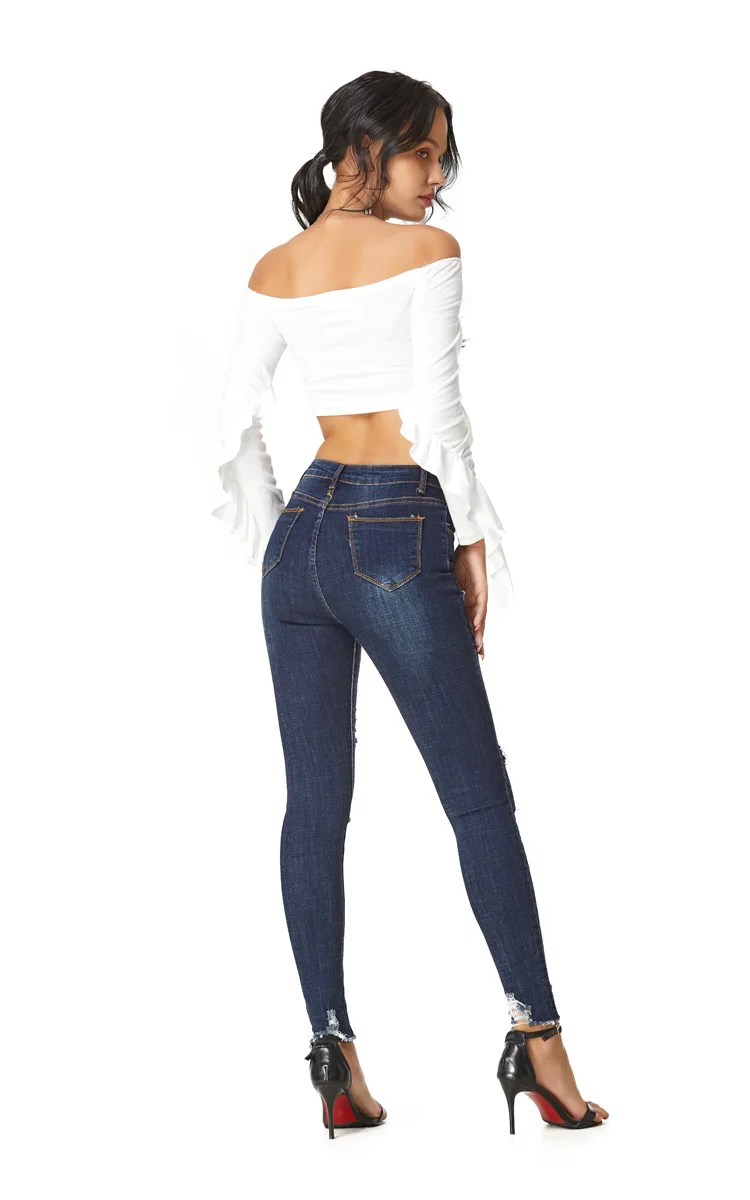 

2020 New Arrivals Woman Autumn Winter High Waist Ladies Jeans Ripped Hole Blue Solid High Street Denim Skinny Stright Pants