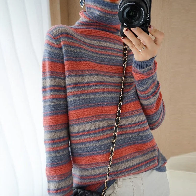 

Turtleneck Wool Cardigan Sweater Autumn Winter New Loose Vintage Long Sleeve Pile Collar Knitted Sweater Women Stirped Sweater