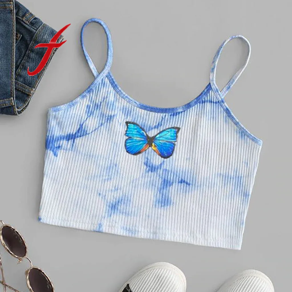 Кроп-топ Feitong женский с принтом бабочек укороченный топ тай-дай майка без рукавов