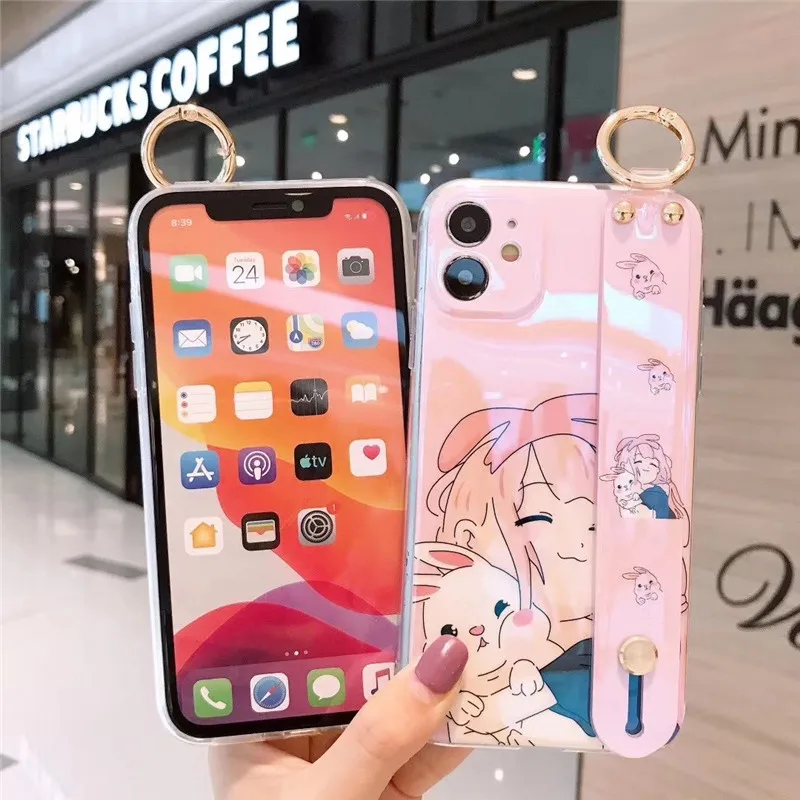 

3D Anime Cartoon cute girl holder Wrist bracket soft phone case for iPhone 12 Pro Max 11 Pro Max X XS XR 7 8 plus fashion cover