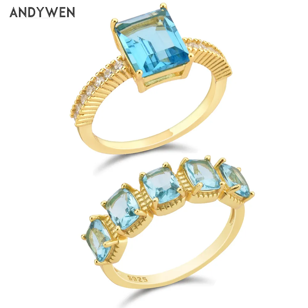 

ANDYWEN 925 Sterling Silver Gold Big Zircon Blue Crystal Rings Women Luxury Jewelry Big Zircon CZ Crystal Jewelry 2021 Wedding