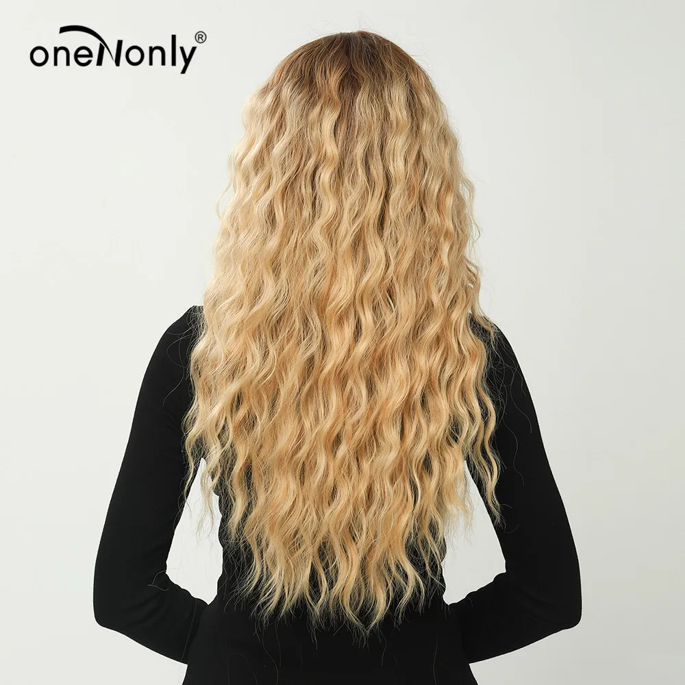 

oneNonly Ombre Blonde Long Body Wave Wig Dark Brown Root Synthetic Wigs for Women Middle Part Natural Hair Heat Resistan