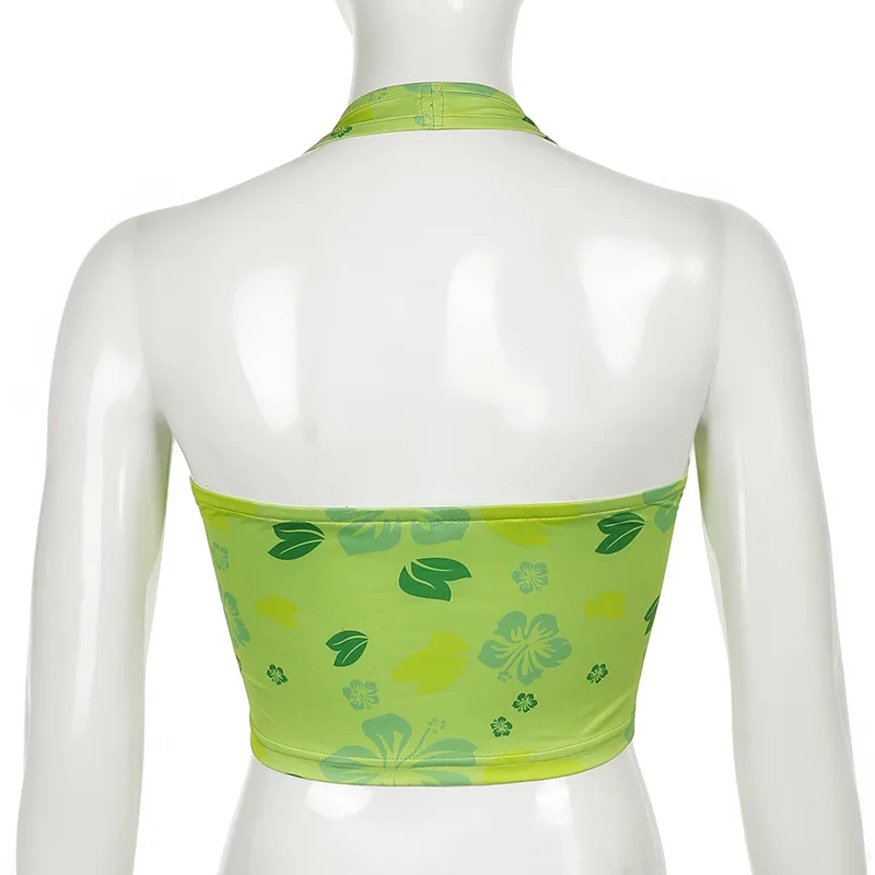 

ALLNeon Cute Vintage Green Floral Print Halter Tops Y2K Streetwear Backless U-neck Summer Crop Tanks 2000s Fashion Vests Slim