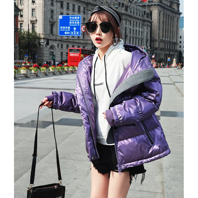 Женская Блестящая парка серебристого/фиолетового цвета зимняя Свободная куртка