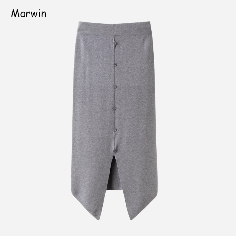 

Marwin 2020 New-Coming Autumn Winter Siold Button Straight Mid-Calf Knitted skirt Empire High Street Style Women Skirt