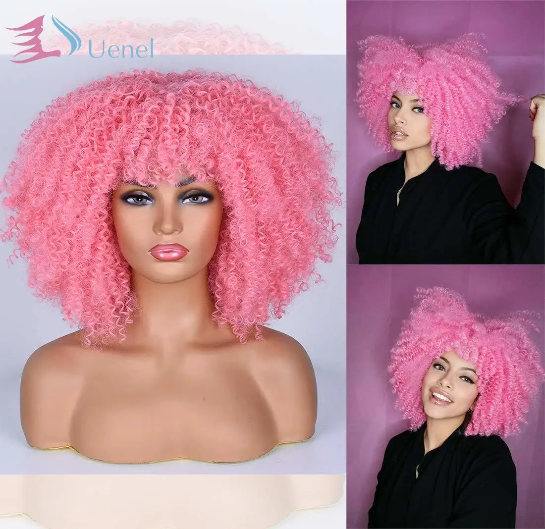 

Короткий кудрявый афро парик Uenel с челкой для черных женщин, кудрявые вьющиеся волосы, АФРО Синтетические Полные парики