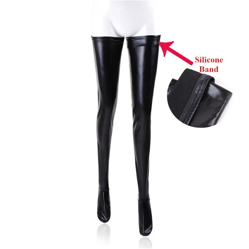 S-2XL Large Size Black Leather Stockings Pole Dance Sexy Medias Silicone Band Knee High Stockings Sexy Lingerie Latex Clubwear