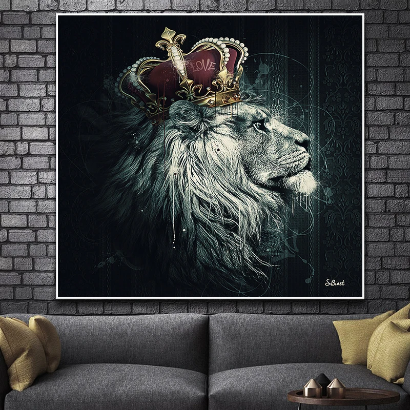 

European Style Luxury Wall Decoration Animal Canvas Painting Crowned Lion Retro Poster Home Decoration Mural