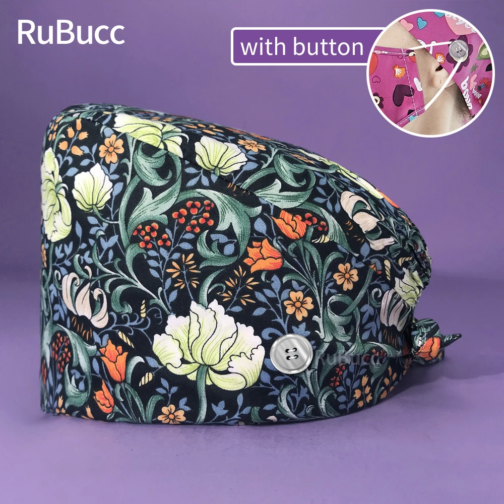 

Adjustable Laboratory Scrubs Caps Fashion Print Scrubs Hat Cotton Nurse Cap Bandage Unisex Surgical Hat Pet Dust-Proof Cap Spa