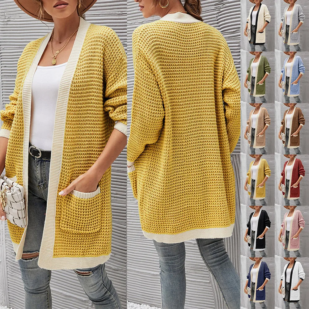 

Cardigan For Women Knit Business Open Stitch Knitwear With Pocket Single Breasted Ladies Long Sleeve Crochet Winter Cardigan