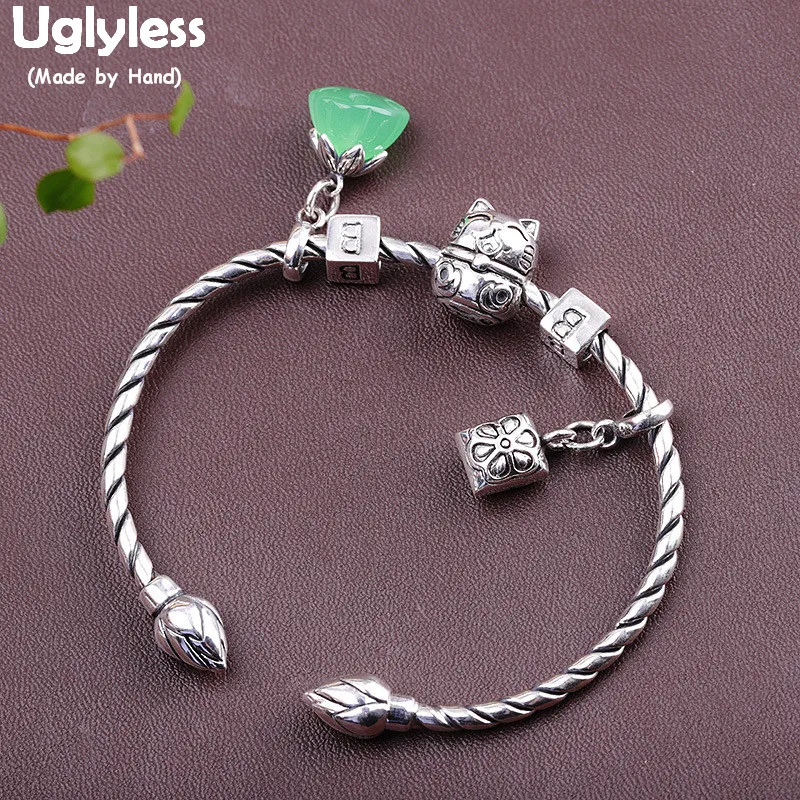 

Uglyless Real 990 Silver Charms Lucky Cat bangles for Women Twist Open Bangle Nature Jade Lotus Flower Thai Silver Jewelry BA592